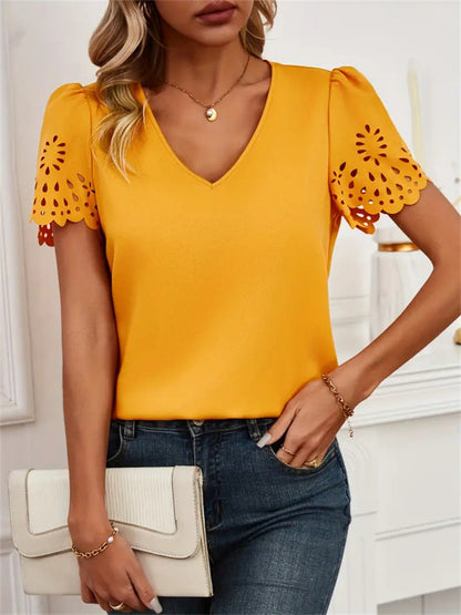 Blusa informal de manga corta con cuello en V y estampado floral para mujer
