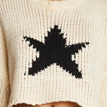 Top corto de manga larga de punto con estampado de estrellas y cuello redondo informal para mujer Otoño Invierno