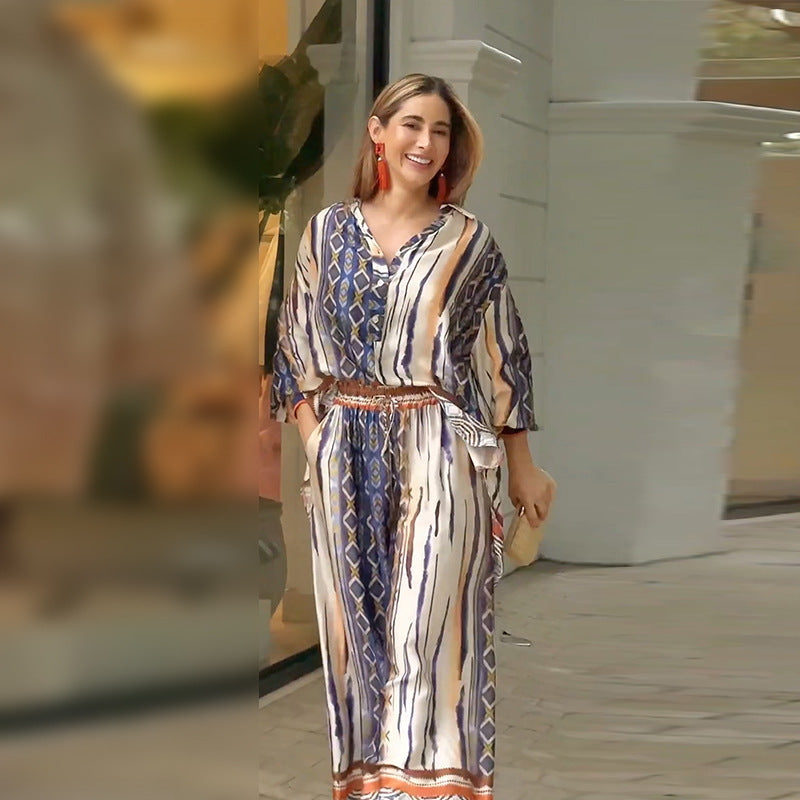 Women Office Casual Grapgic Print Lapel Long Sleeve Shirt Blouse Straight Trousers Set