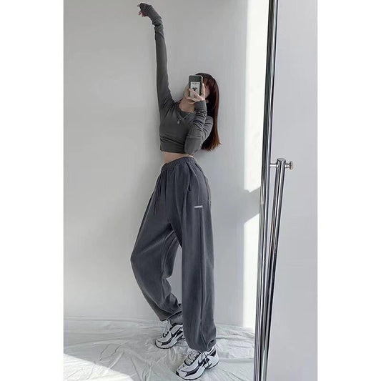 Pantalones deportivos holgados informales de cintura alta con estampado de letras para mujer