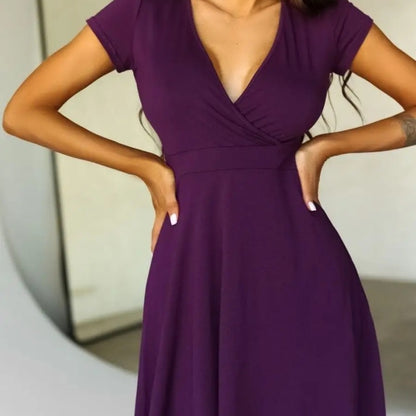Vestido informal de verano para mujer, básico, con escote en V, color liso, manga corta, amplio y holgado