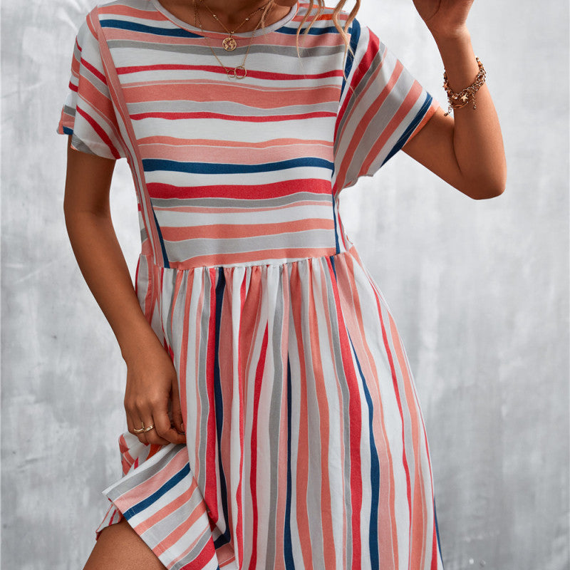 Summer Women Casual Elegant Stripe Print Color Blocking Dress