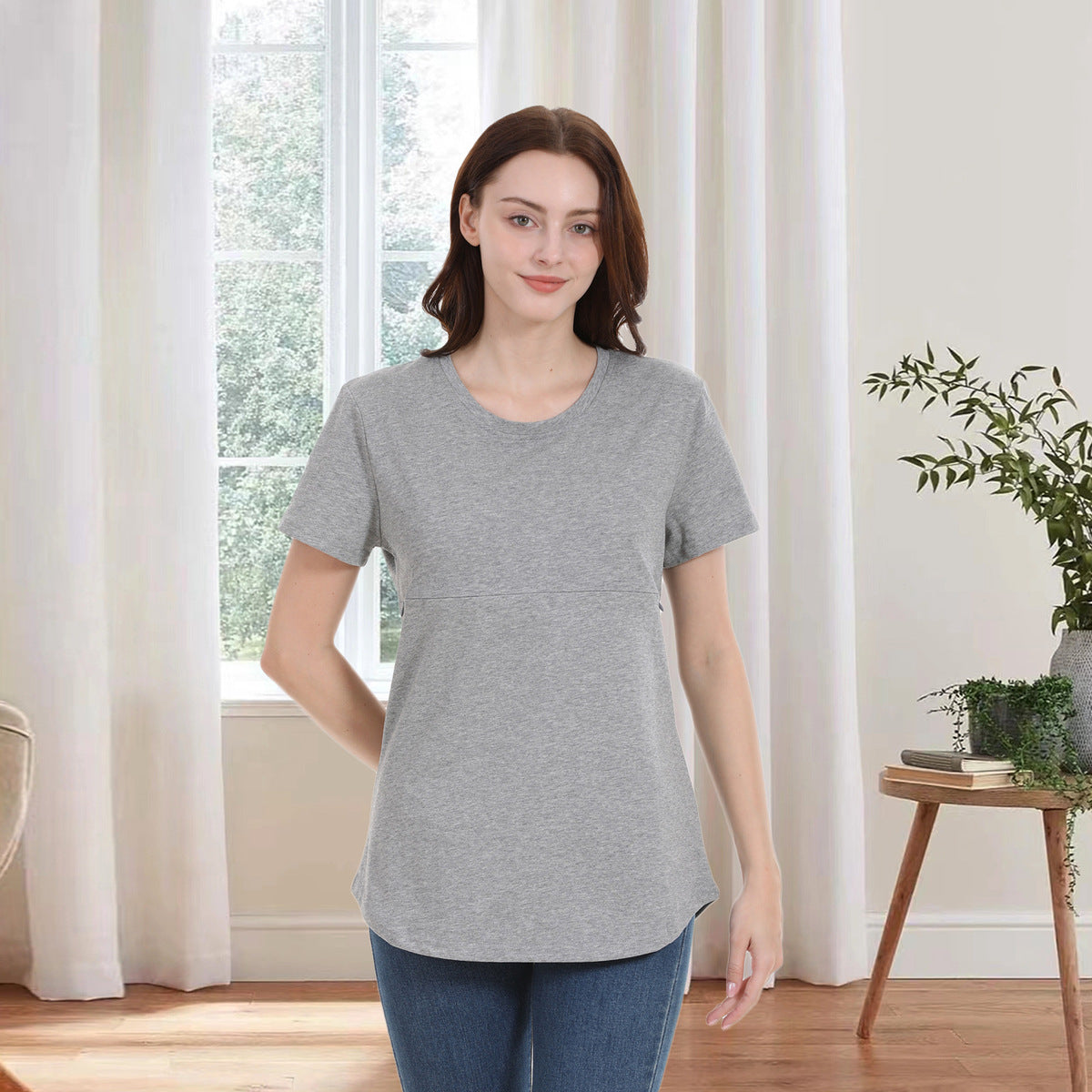 Camiseta informal de algodón de manga corta con cremallera para mujer embarazada y lactante