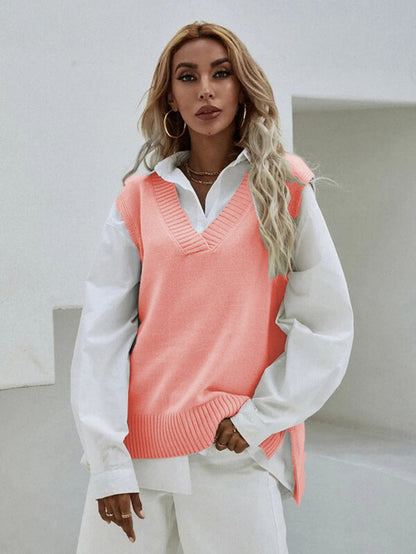 Women Casual V Neck Solid Color Knitted Tank Top