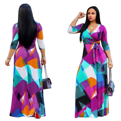Women Fashion Casual Printed V-Neck Long Sleeve Dress
