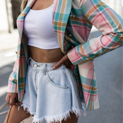 Blazer informal de manga larga a cuadros multicolor para mujer