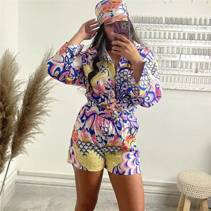 Conjunto de tres piezas de blusa y pantalones cortos de manga larga con turbante, estilo bohemio, informal y vintage para mujer
