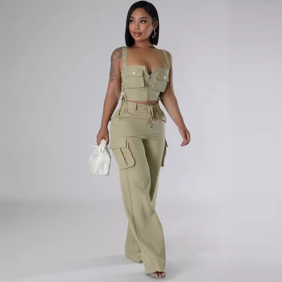 Conjunto de dos piezas de camisola informal de verano para mujer, con múltiples bolsillos y cremallera, cintura alta y pantalones cargo