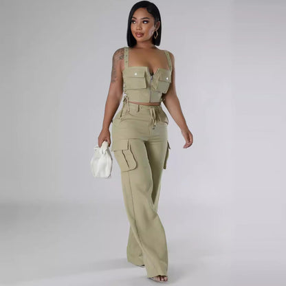 Conjunto de dos piezas de camisola informal de verano para mujer, con múltiples bolsillos y cremallera, cintura alta y pantalones cargo