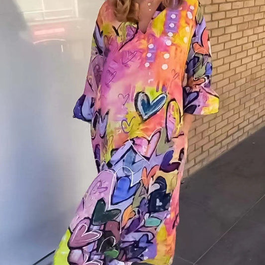 Women Fashion Casual Loose Heart-Shaped Print Long Sleeve Maxi Dress