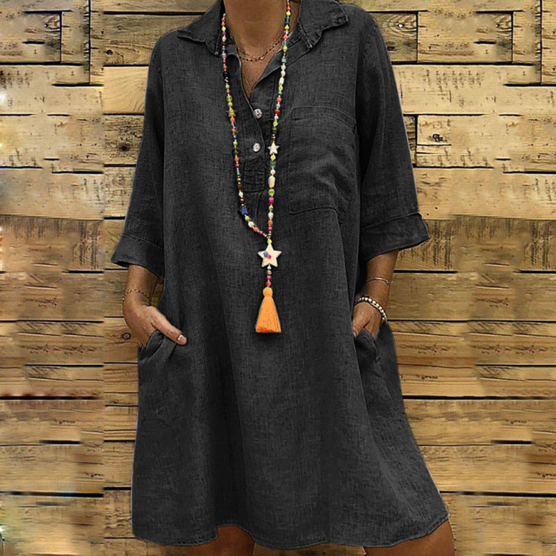 Vestido holgado informal de color liso con solapa para mujer, talla grande, otoño e invierno