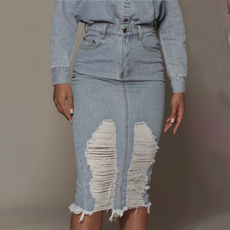 Retro Casual Women Solid Color Mid Length Blue Ripped Denim One Step Skirt