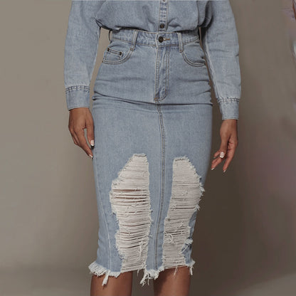 Retro Casual Women Solid Color Mid Length Blue Ripped Denim One Step Skirt