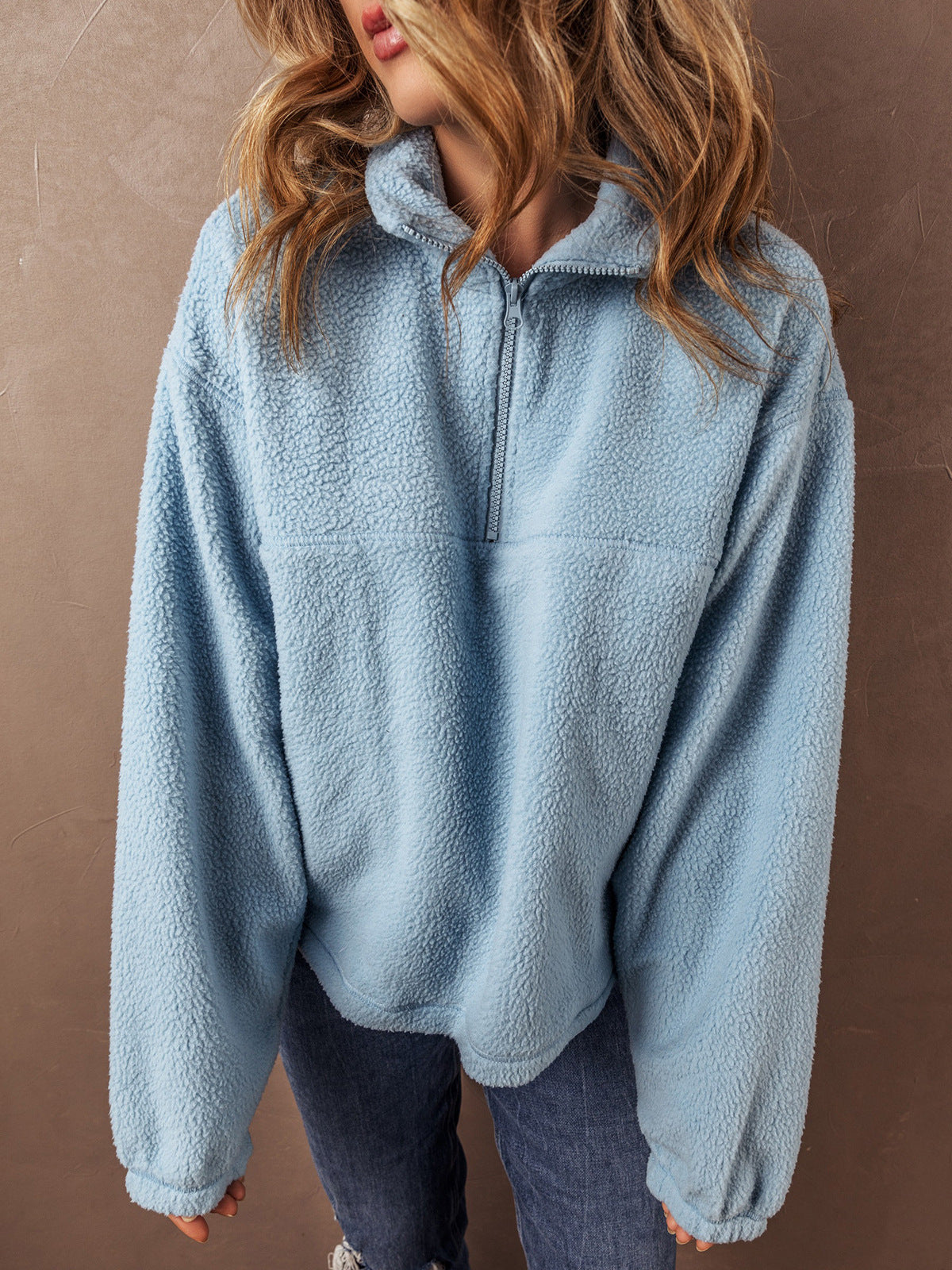 Autumn Winter Women Fashion Casual Plush Stand Collar Half Zipper Long Sleeve Sweatshirt