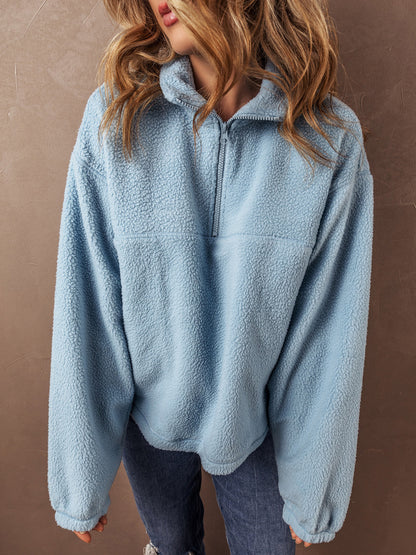 Autumn Winter Women Fashion Casual Plush Stand Collar Half Zipper Long Sleeve Sweatshirt