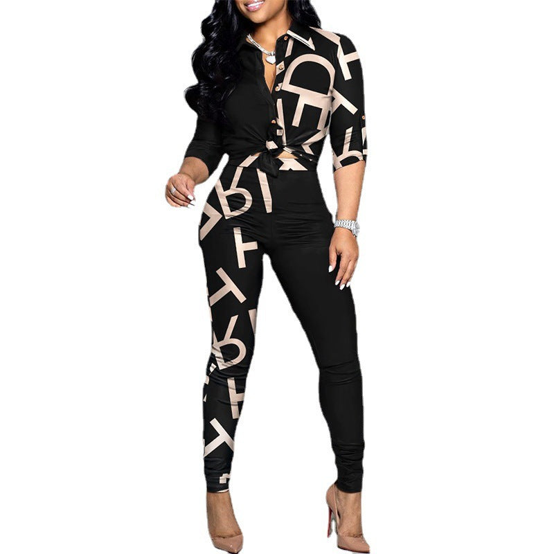 Women Fashion Casual Color-Block Printed Long-Sleeve Blouse Shirt Casual Pants Two-Piece Set