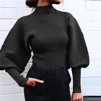 Women Casual Long Lantern Sleeve Pullover Turtleneck Knitted Sweater