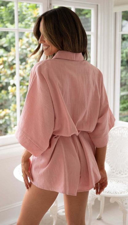 Women Fashion Casual Solid Color Lapel Single-Breasted Romper