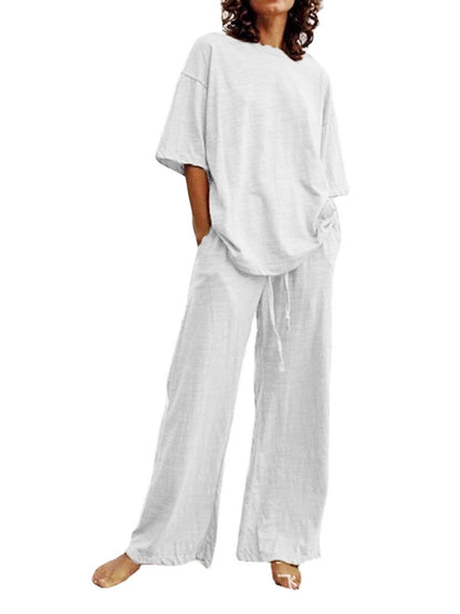 Women Fashion Casual Plus Size Solid Color Round Neck Short Sleeve Top Drawstring Wide Leg Pants Two-Piece Set