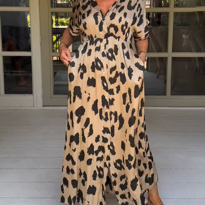 Women Loose Casual V-Neck Leopard Printed Split Dress
