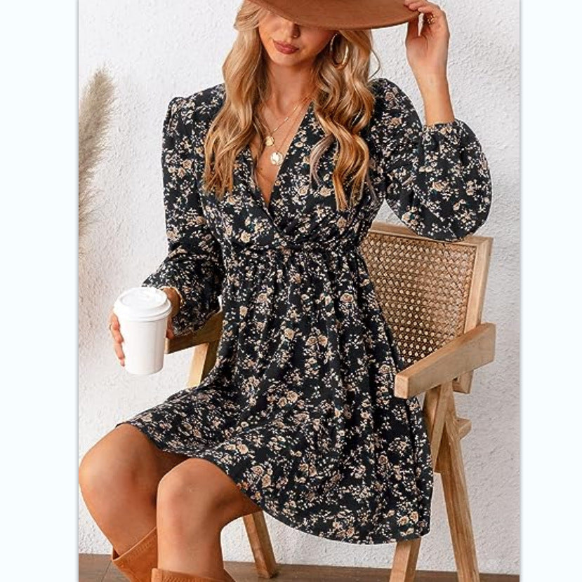 Women Fall Winter Casual V-Neck Floral Printed Loose Long Sleeve Dress