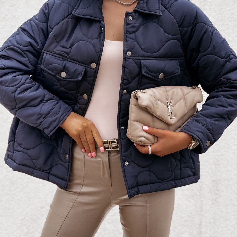 Abrigo corto acolchado de un solo pecho con cuello alto, color liso, informal, de moda para mujer, otoño e invierno