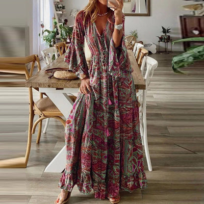 Vestido largo informal bohemio con estampado de flores diminutas y cuello en V y mangas abullonadas para mujer