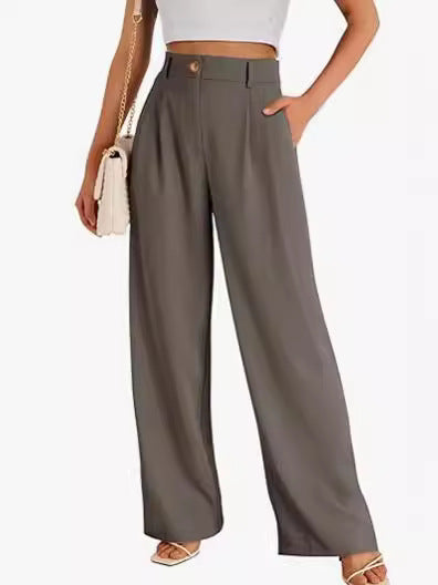 Women Fashion Casual Solid Color High Waist Wide Leg Pants
