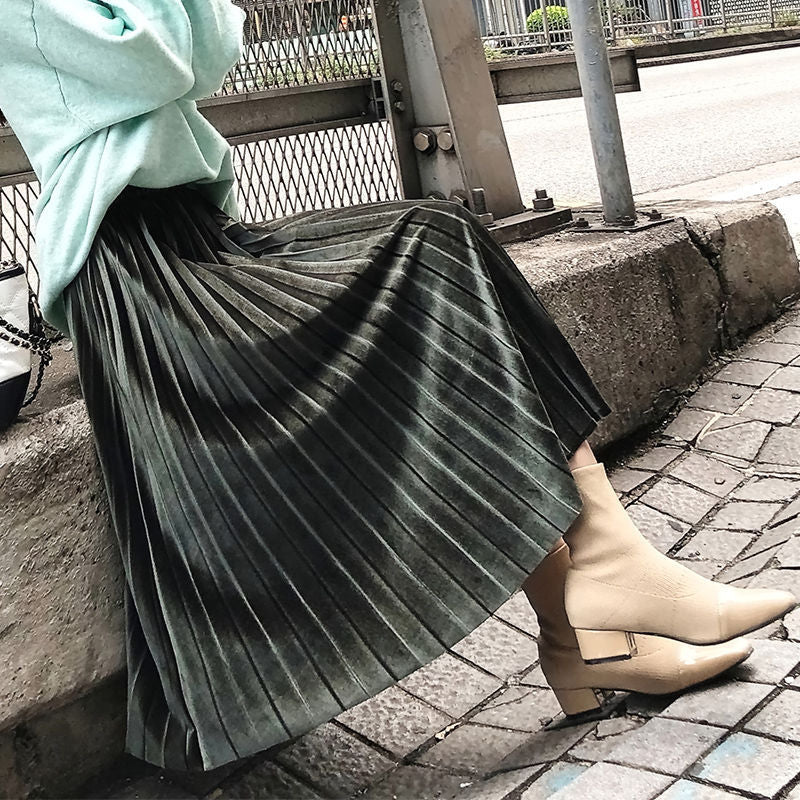 Women Solid Color Pleated High Waist Casual Long Skirt