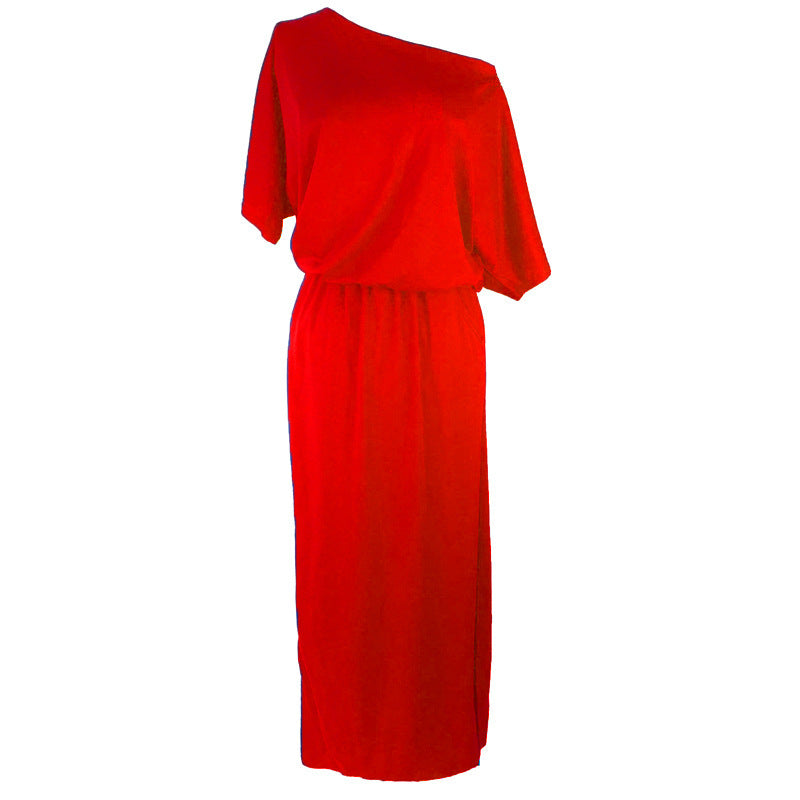 Women Casual Basic Solid Color Short Sleeve Summer Oblique Shoulder Side-slit Pocket Loose Dress