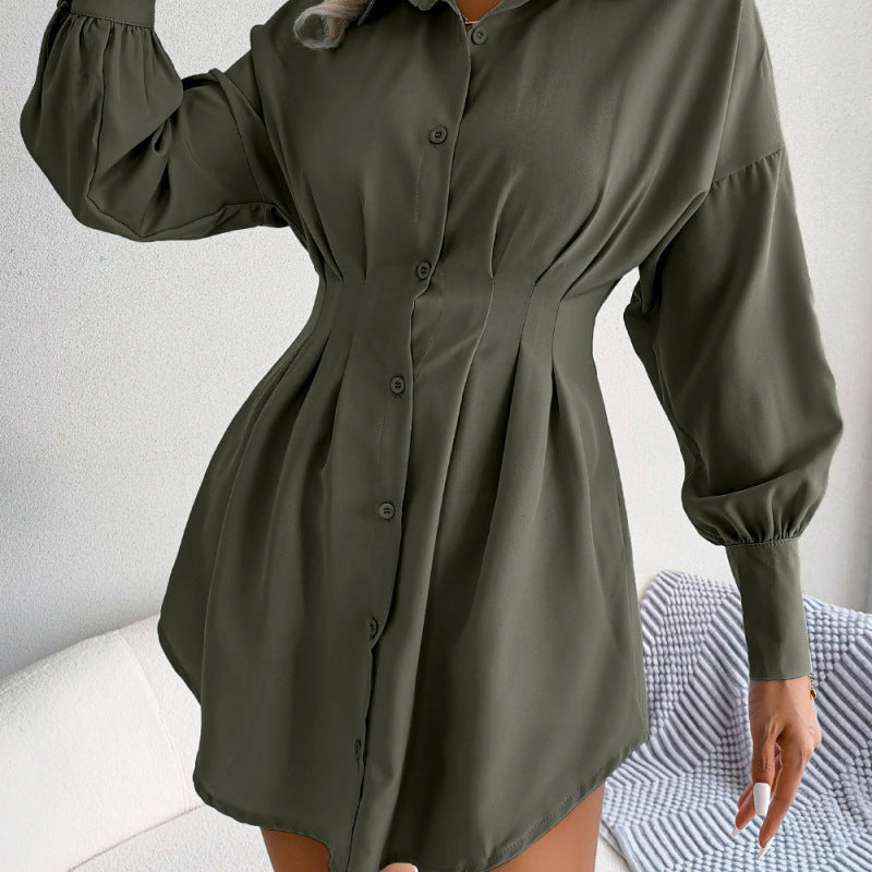 Women Casual Lantern Sleeve Single Breasted Waist Irregular Solid Color Shirt Dress