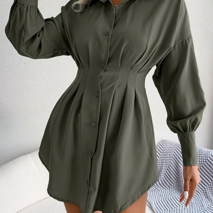 Women Casual Lantern Sleeve Single Breasted Waist Irregular Solid Color Shirt Dress