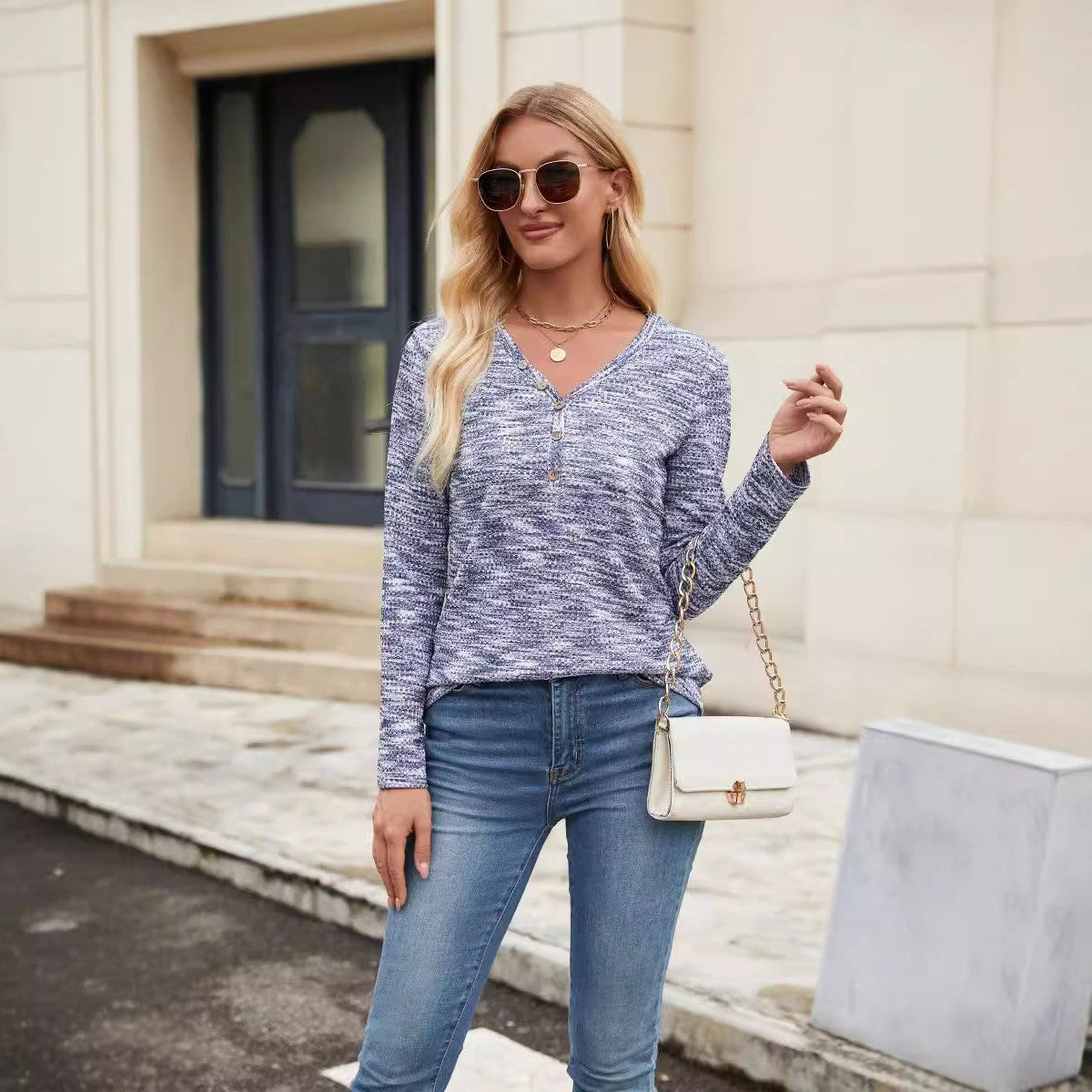 Women Casual Loose V-Neck Long Sleeve Top