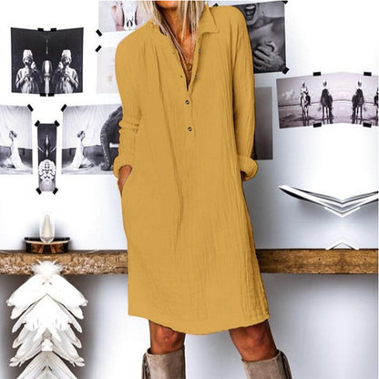 Women Solid Color Casual Basic Loose Long-Sleeved Shirt Dress