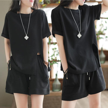 Conjunto de dos piezas de camiseta holgada de manga corta y pantalones cortos informales para mujer