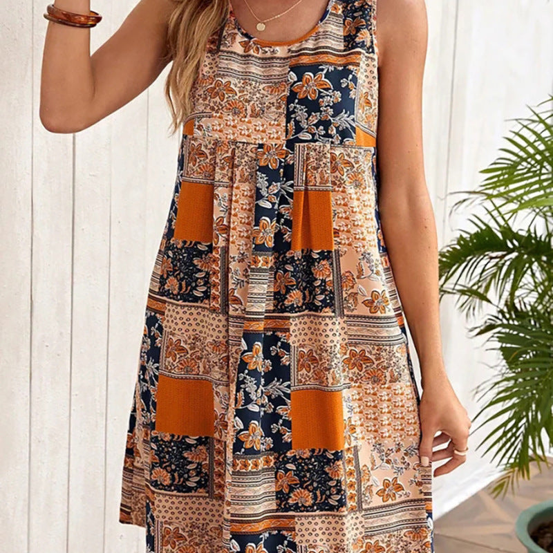 Vestido informal sin mangas con estampado floral a la moda de verano para mujer
