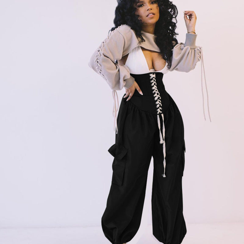 Women Casual Solid Color High Waist Lace Up Loose Pocket Wide Leg Jogger Pants