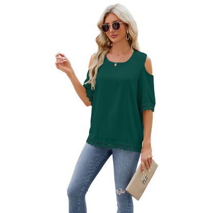 Women Fashion Casual Butterfly Shoulder Round Neck Lace Stitching Top