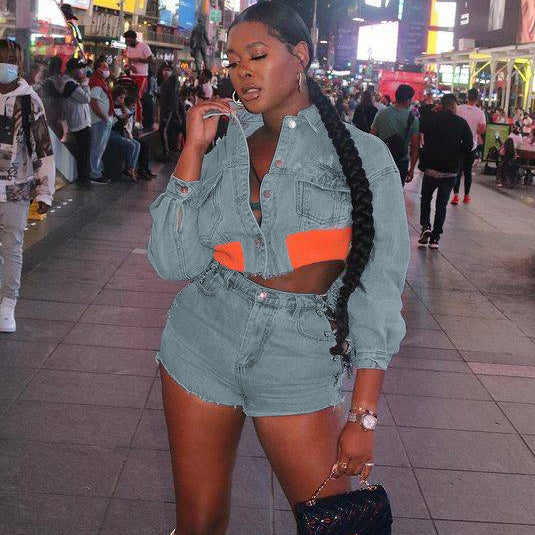 Women Fashion Casual Button Long Sleeve Denim Top Side Cutout Chain Shorts Two-Piece Set