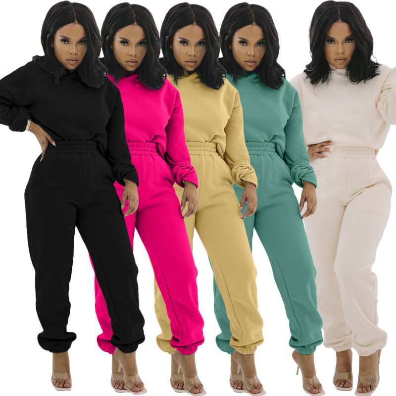 Conjunto deportivo informal de sudadera con capucha y pantalones de chándal de manga larga de color liso para mujer