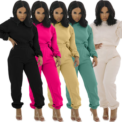 Conjunto deportivo informal de sudadera con capucha y pantalones de chándal de manga larga de color liso para mujer