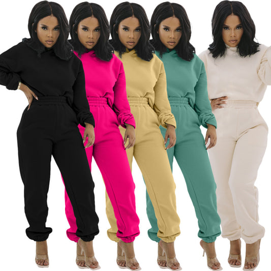 Conjunto deportivo informal de sudadera con capucha y pantalones de chándal de manga larga de color liso para mujer