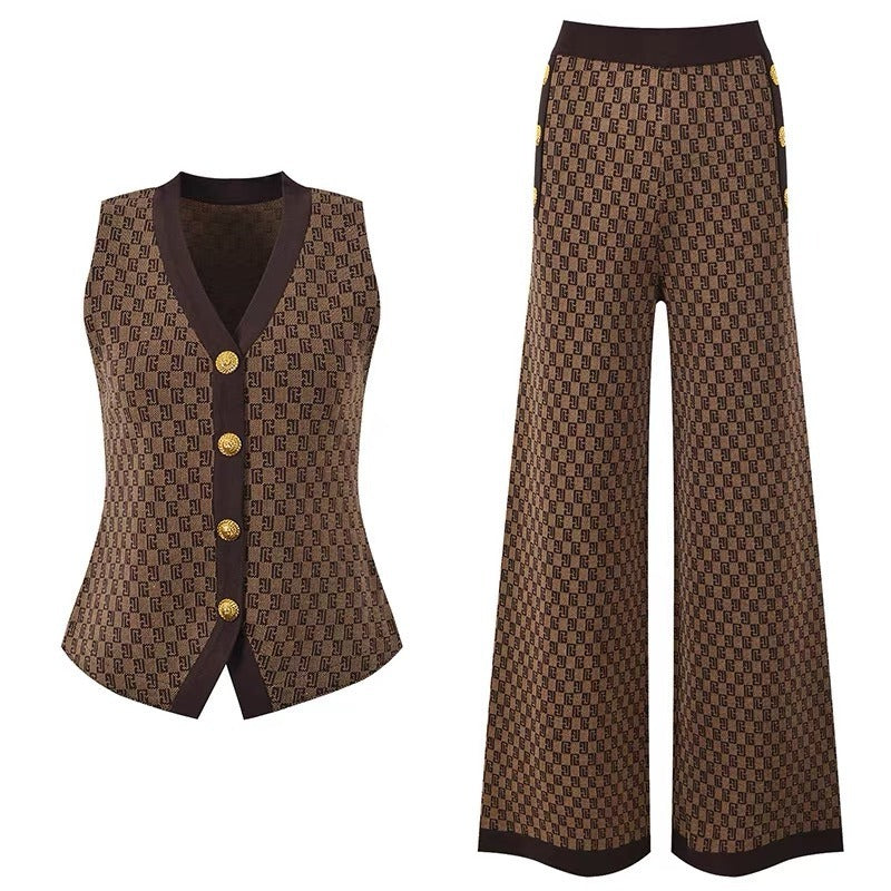 Conjunto de dos piezas de chaleco de punto sin mangas retro informal para mujer con hebilla de metal y pantalones de pierna ancha