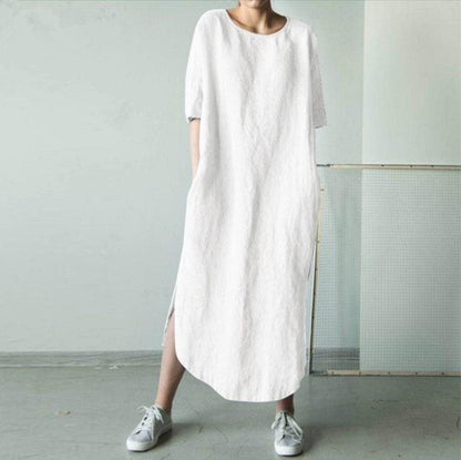 Women Casual Round Neck Half Sleeve Solid Color Cotton Linen Side-Slit Maxi Dress