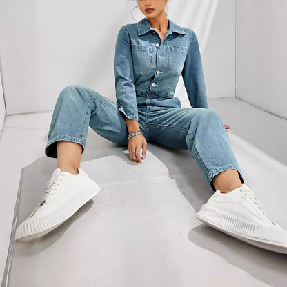 Women Fashion Casual Lapel Long Sleeve Slim Fit Denim Jumpsuits