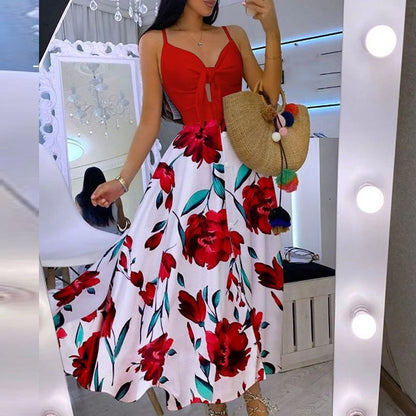 Women Casual Sexy Vacation Floral Print Knit Strap Swing Maxi Dress