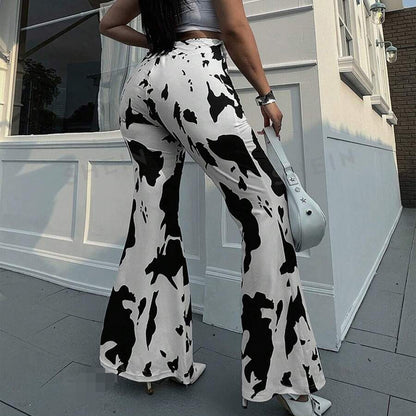 Pantalones acampanados de cintura alta con estampado de vaca para mujer