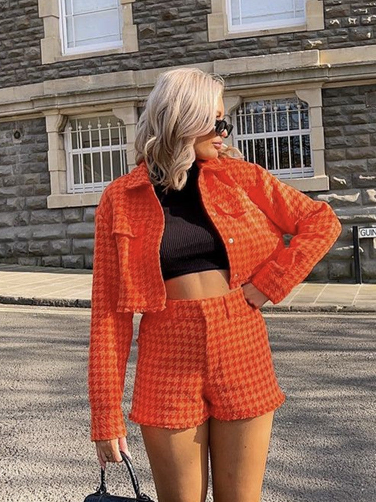 Chaqueta corta de tweed naranja para mujer, abrigo acolchado con botones y cintura alta, pantalones cortos informales de cintura alta para niñas.