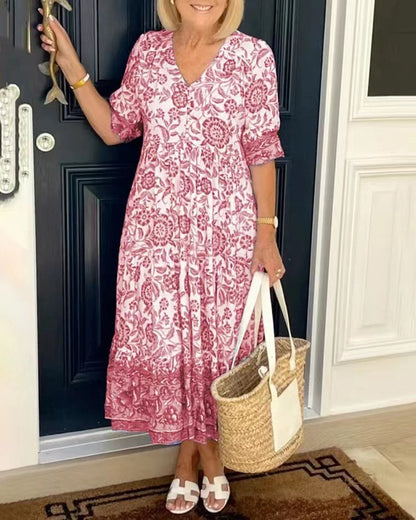 Women Fashion Casual Floral Printing V Neck Short Sleeve Dress
