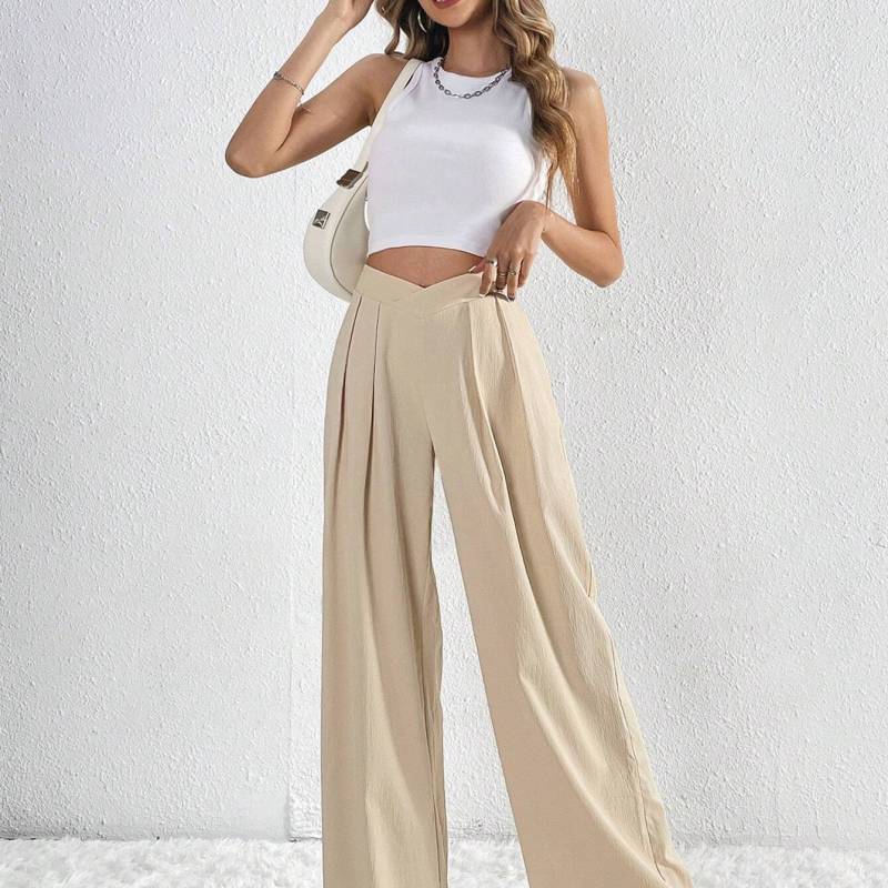 Pantalones anchos plisados de color liso, elegantes e informales para mujer